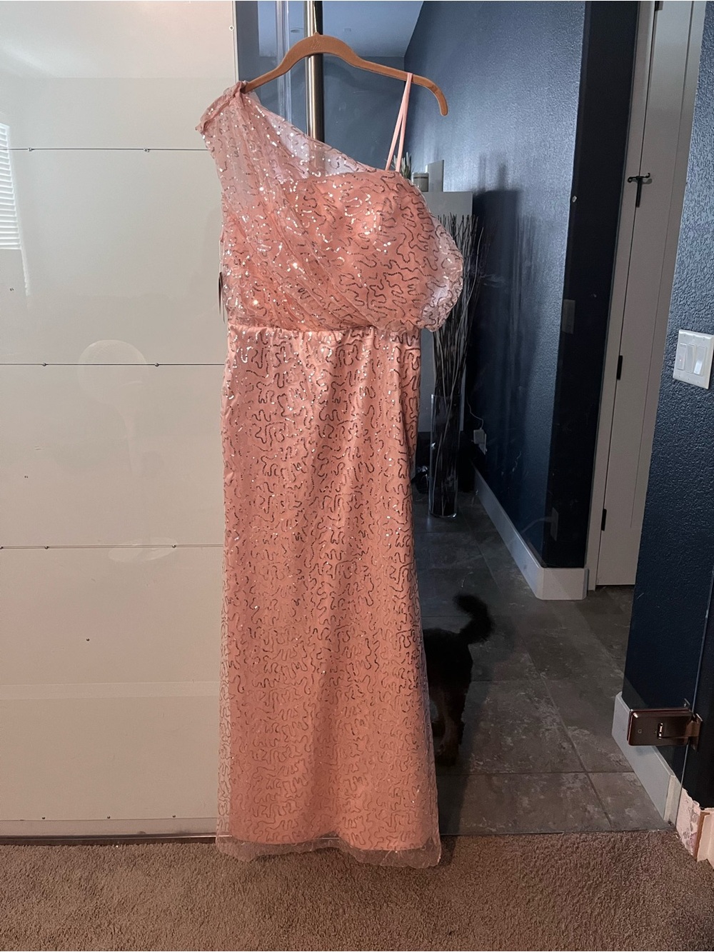 One-Shoulder Blush Sequin Evening Gown